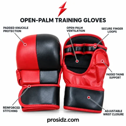 PSI and prosidz industries MMA Gloves Wholesale feature image showing red-and-black gloves with callouts for knuckle padding, finger loops and wrist closure.