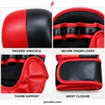 PSI and prosidz industries MMA Gloves Wholesale four-grid close-ups showing two-tone knuckles, red-edged finger loops, thumb padding and stitched wrist closure.