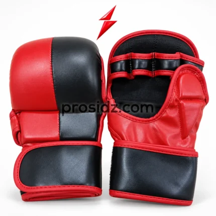 MMA Gloves Wholesale by PSI and prosidz industries showing red-and-black knuckle panels, open palms, red stitched edging and a top-center PSI logo.