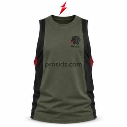 SI Prosidz Industries workout tank tops for men back view showing olive body black side panels red accents and visible seam construction