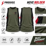 PSI Prosidz Industries workout tank tops for men crew neck close-up in olive fabric with black shoulder panel stitching