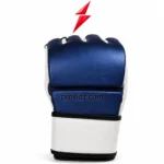 Single PSI Open palm MMA gloves product view by prosidz industries showing blue sectioned padding, a white cuff and black trim beneath the red PSI logo.
