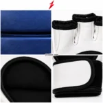 SI Open palm MMA gloves by prosidz industries in four close views showing blue surface texture, white finger openings, black palm binding and wrist strap stitching.