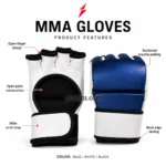 PSI Open palm MMA gloves feature image by prosidz industries highlighting finger openings, palm construction, sectioned blue padding and the wide wrist strap.