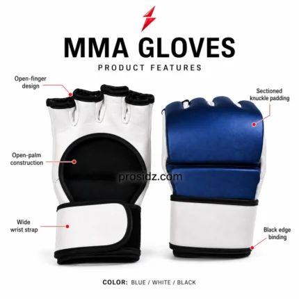 PSI Open palm MMA gloves feature image by prosidz industries highlighting finger openings, palm construction, sectioned blue padding and the wide wrist strap.