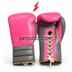 PSI Prosidz Industries Lace-Up Boxing Gloves in hot pink and grey with white laces and gold piping