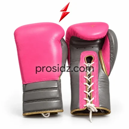 PSI Prosidz Industries Lace-Up Boxing Gloves in hot pink and grey with white laces and gold piping