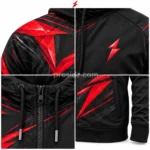 PSI Hoodie back view showing black hood, seams and red angular print by Prosidz Industries