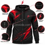 PSI Hoodie front view in black and red with angular shoulder graphics, front zipper and PSI chest emblem by Prosidz Industries