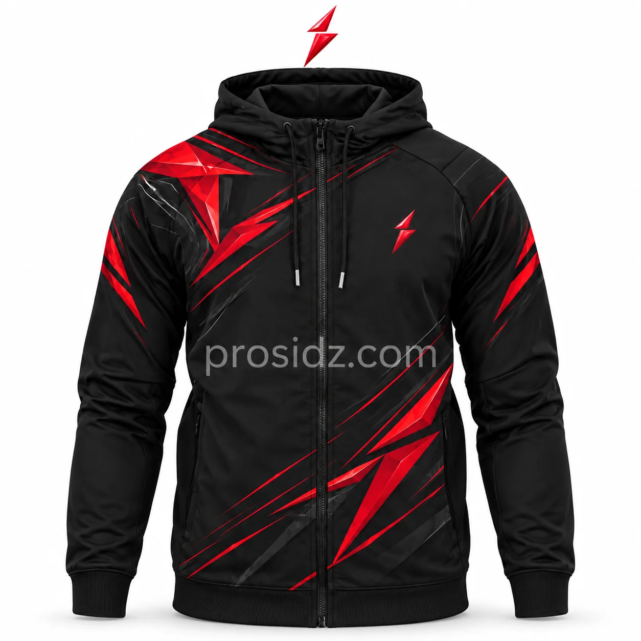 psi-prosidz-industries-psi-hoodie-chest-detail PSI Hoodie close-up showing the red PSI chest emblem, black fabric and shoulder seam by Prosidz Industries