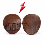 PSI prosidz industries punch mitts in four close-up panels showing brown surface texture, edge stitching, finger channels and a black hand strap.