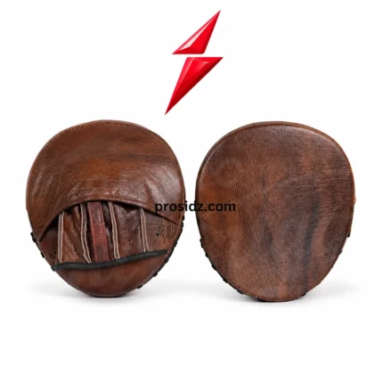 PSI prosidz industries punch mitts in four close-up panels showing brown surface texture, edge stitching, finger channels and a black hand strap.