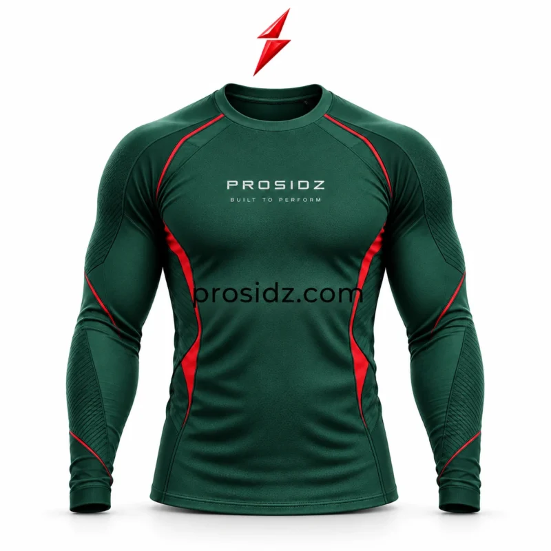 PSI Prosidz Industries mens long sleeve shirt Manufacturer green raglan shoulder detail with narrow red piping and smooth performance fabric