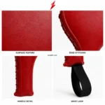 PSI prosidz industries boxing paddles detail grid showing red surface texture, edge stitching, handle construction and a black fabric wrist loop.