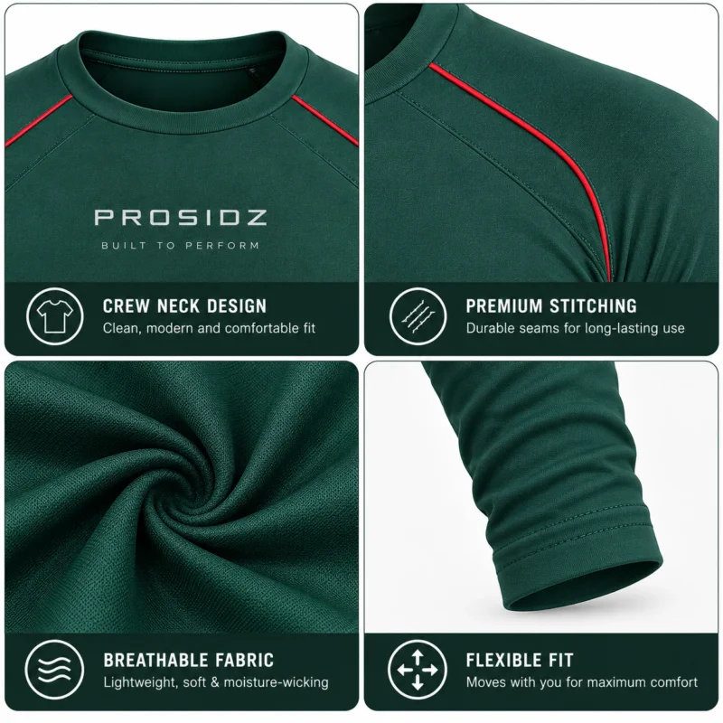 PSI Prosidz Industries compression shirt close-up showing forest green raglan shoulder construction and bright red contrast piping