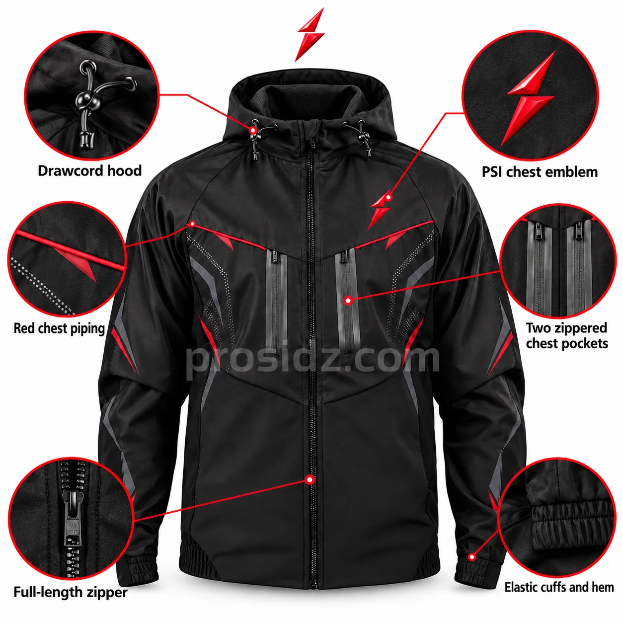 psi-prosidz-industries-training-jacket-manufacturer-back Training Jacket Manufacturer chest detail showing red seam piping, paired vertical pocket zippers and the PSI emblem by Prosidz Industries