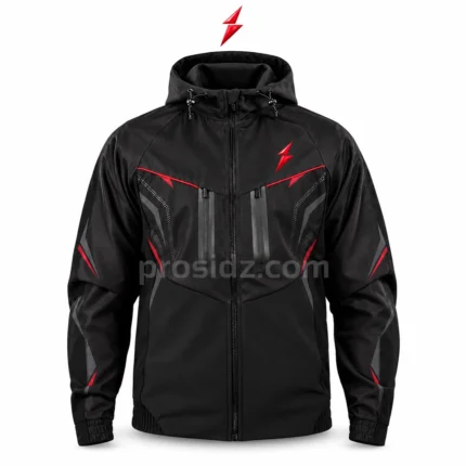 Training Jacket Manufacturer front image showing the black panel design, red piping, two chest zippers and PSI logo by Prosidz Industries