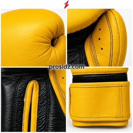 PSI Prosdiz Industries Velcro Boxing Gloves Manufacturer showing yellow and black gloves in front and palm views