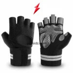 PSI pair from prosidz industries, Weight lifting gloves Manufacturer enquiry: black perforated backs, grey dotted palms, and white-striped cuffs.