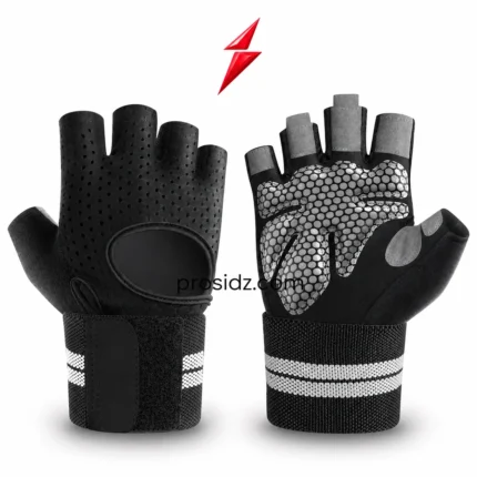 PSI pair from prosidz industries, Weight lifting gloves Manufacturer enquiry: black perforated backs, grey dotted palms, and white-striped cuffs.