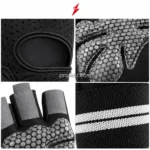 PSI four-grid image by prosidz industries for a Weight lifting gloves Manufacturer enquiry: perforations, grey palm dots, finger tabs, and cuff weave.