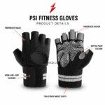 PSI details by prosidz industries for a Weight lifting gloves Manufacturer enquiry, showing perforated back, dotted palm, and wrist closure callouts.