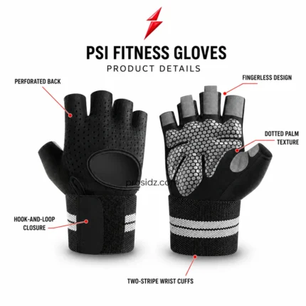 PSI details by prosidz industries for a Weight lifting gloves Manufacturer enquiry, showing perforated back, dotted palm, and wrist closure callouts.