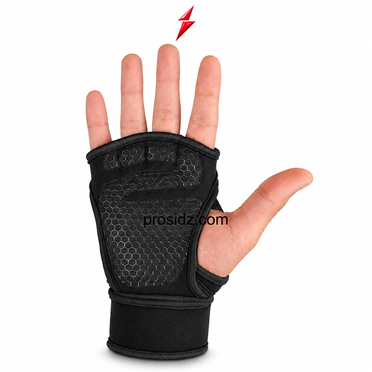 psi-prosidz-industries-weight-lifting-gloves-wholesaler-four-finger-loops Weight lifting gloves wholesaler showing black honeycomb palm and open-back finger-loop design for PSI ProSidz Industries OEM buyers.
