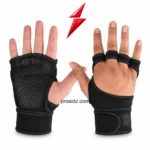 Weight lifting gloves wholesaler black open-back grip with four finger loops, exposed hand design and wide wrist strap by PSI ProSidz Industries.