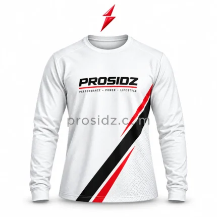 PSI Prosidz Industries mens long sleeve shirt with white crew neck, clean shoulder stitching, black PROSIDZ chest logo and thin red underline.