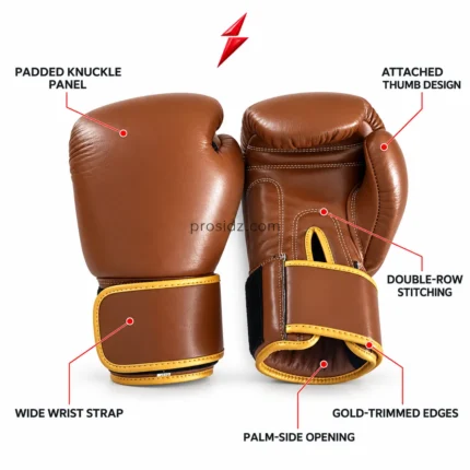 Brown glove palm with attached thumb, light double-row stitching, gold-edged opening, and wide strap; PSI / PROSIDZ Industries, Wholesale Boxing Gloves suppliers.
