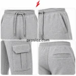 PSI Prosidz Industries wholesale cargo joggers four-grid close-up showing grey drawstring waistband, pocket stitching, cargo flap and rear welt pocket.