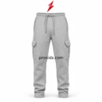 PSI Prosidz Industries wholesale cargo joggers in light heather grey with drawstring waistband, angled pockets, flap thigh pockets and red PSI logo above.