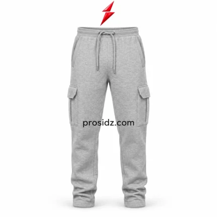 PSI Prosidz Industries wholesale cargo joggers in light heather grey with drawstring waistband, angled pockets, flap thigh pockets and red PSI logo above.