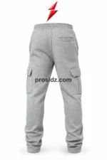 PSI Prosidz Industries wholesale cargo joggers rear view in heather grey with tonal seam panels, welt back pocket, cargo pockets and top-center red PSI logo.