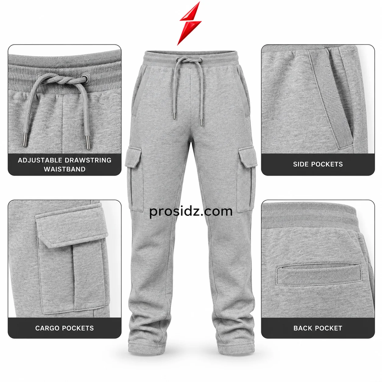 psi-prosidz-industries-wholesale-cargo-joggers-pocket-detail PSI Prosidz Industries wholesale cargo joggers close-up with light grey rectangular cargo pocket, structured flap, tonal stitching and clean panel construction.