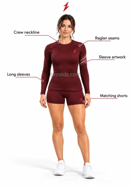 Women’s Gym Set front view in burgundy with cream sleeve graphics and small PSI Prosidz Industries emblems