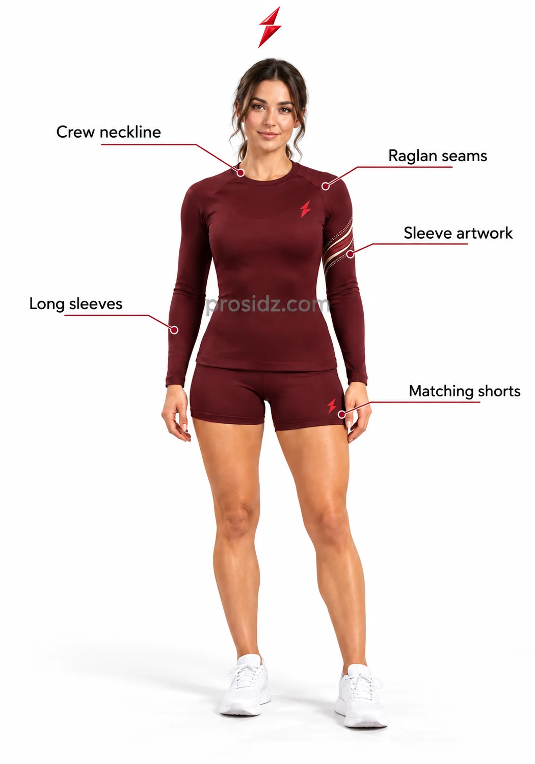 psi-prosidz-industries-womens-gym-set-burgundy-front Women’s Gym Set front view in burgundy with cream sleeve graphics and small PSI Prosidz Industries emblems