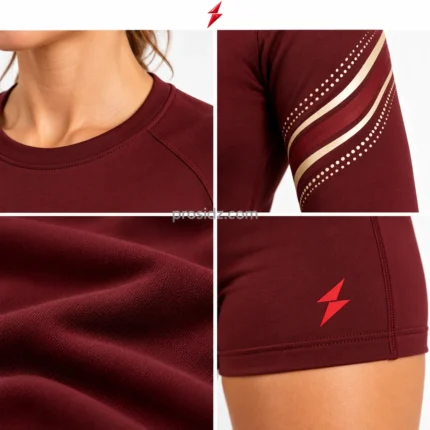 Women’s Gym Set side view showing the fitted burgundy top, sleeve graphic and shorts by PSI Prosidz Industries