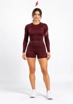 Women’s Gym Set burgundy shorts detail with a small printed emblem by PSI Prosidz Industries