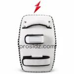 PSI PROSDIZ white Muay Thai Kick Pads with padded handle and black stitching