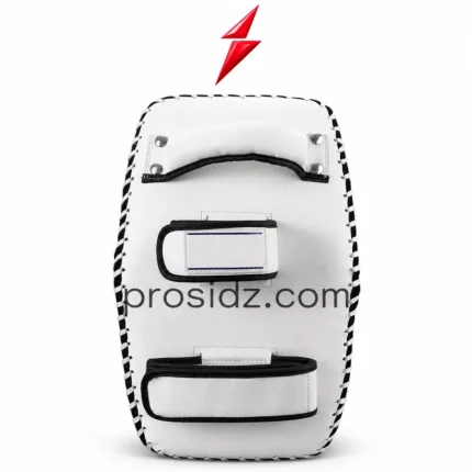 PSI PROSDIZ white Muay Thai Kick Pads with padded handle and black stitching