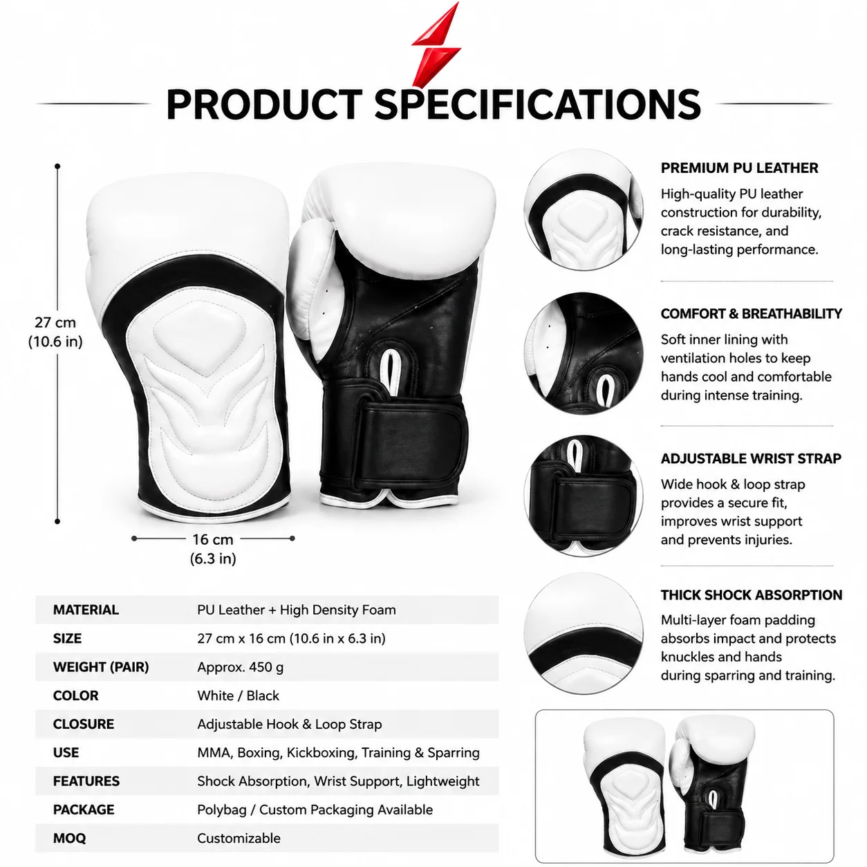 psi-white-black-boxing-gloves-padding-closeup PSI white black boxing gloves for training closeup with shock absorbing padding