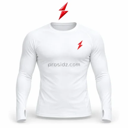 White wholesale base layer front view with thumbhole cuffs and red PSI chest logo by prosidz industries