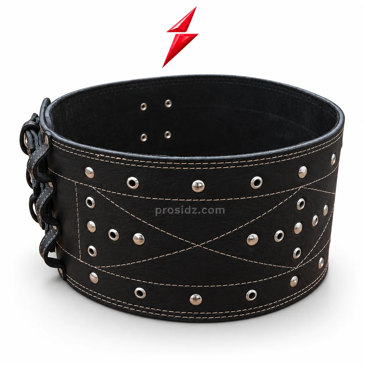 si-prosidz-industries-custom-weightlifting-belts-open-3-strap-layout PSI Prosidz Industries Custom Weightlifting Belts laid open with three parallel black straps, silver eyelets, and cream edge stitching.