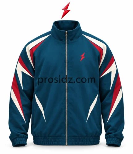 PSI Prosidz Industries teal track jacket with a full zipper, red and ivory angular sleeve panels, and a small red chest logo.