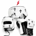 white and black boxing equipment set with cross pattern gloves and headgear by prosidz industries psi