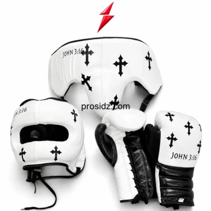 white and black boxing equipment set with cross pattern gloves and headgear by prosidz industries psi