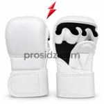 White MMA Gloves front view with padded knuckle panel and extended wrist cuff by PSI PROSIDZ Industries