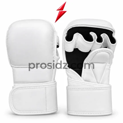 White MMA Gloves front view with padded knuckle panel and extended wrist cuff by PSI PROSIDZ Industries